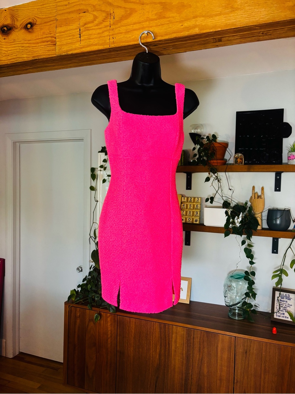 🆕 River Island Neon Pink Square Neck Boucle Mini Dress - Size 8